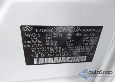 2021 Hyundai Santa Fe Limited z USA, uszkodzony, nr VIN 5NMS4DAL1MH342138